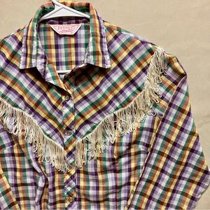 Vintage 70s H BAR C California RANCHWEAR Shirt Women 38 Plaid Fringe Pearl Snap